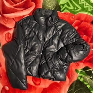 Love Tree Black Quilted Faux-Leather Puffer Jacket